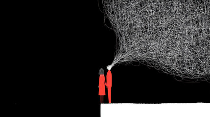 Minimal line illustration, large negative space, couple in red, abstract thought cloud, emotional Valentine concept
