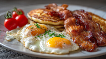 Hearty breakfast plate with fluffy pancakes, fried eggs, crispy bacon and tomatoes