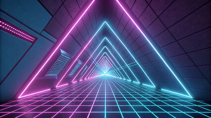 Vibrant neon tunnel with pink and blue lights in futuristic grid pattern