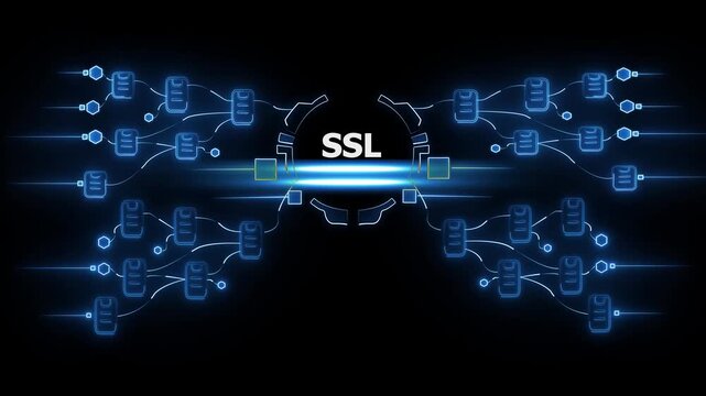 S L encryption technology concept with glowing blue connections and secure data transfer on a dark background