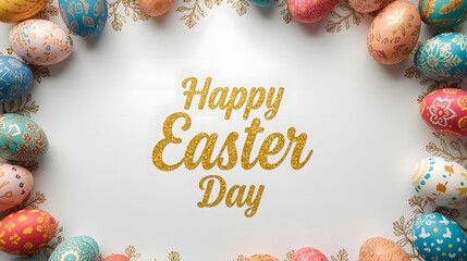 Happy Easter day congratulatory card with colorful eggs and white background