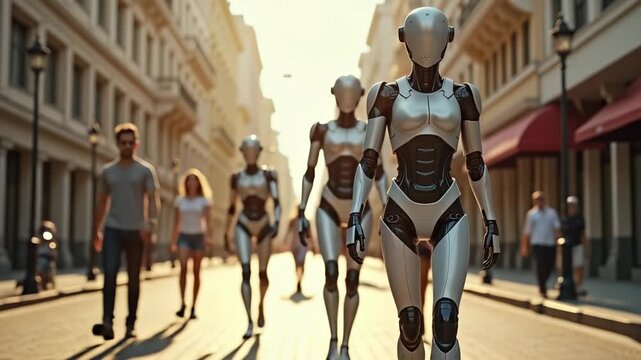 Robots walk down busy city street alongside humans. future where robotics and humans coexist in urban environment. group of humanoid robots walks through bustling city, blending seamlessly with people