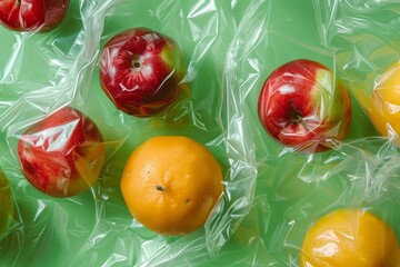 Apples and oranges wrapped in plastic on a green background, highlighting food preservation and environmental concerns
