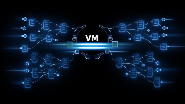 Virtual Machine Network Architecture with V M Central Node and Connected Servers cloud computing