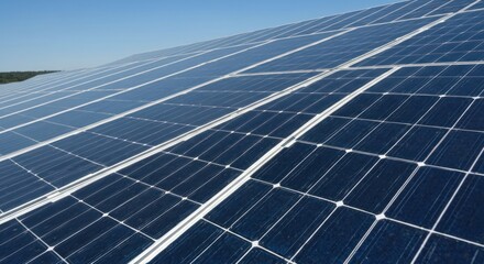 Close-up view of many solar panels, angled, under clear sky