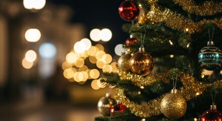 Festive Christmas tree at night with city lights out of focus