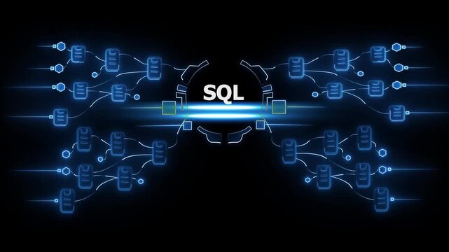 S Q L database concept with glowing blue connections and data flow network