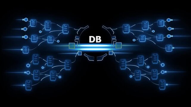 Database Connection Network Data Flow Visualization with Glowing Blue Lines and