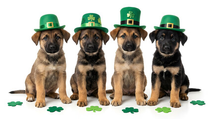 Happy st patricks four puppies wearing green leprechaun hats sit together with scattered shamrocks in a festive st patricks day scene