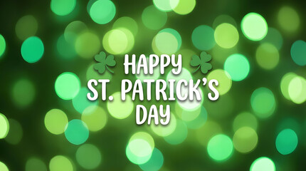 Happy st patricks day text in white over a background of many green and light green circular shapes of varying sizes and intensities