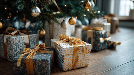 Beautifully Wrapped Christmas Presents under a Decorated Pine Tree with Festive Warm Bokeh Lights