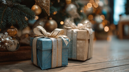 Luxury Blue and Gold Christmas Gift Boxes on Wooden Floor with Festive Evergreen Background
