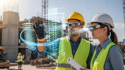 Innovative construction team using augmented reality for architectural visualization on site