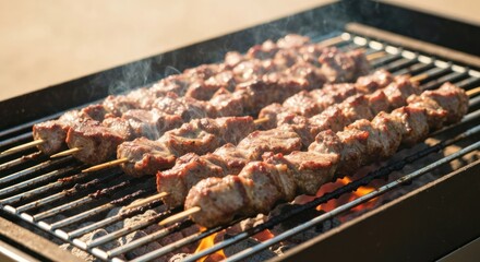 Grilled meat skewers on a charcoal grill