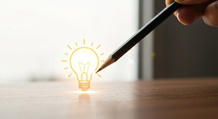 Hand with pencil pointing at a glowing light bulb graphic on a wooden surface