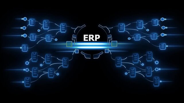 E R P system network architecture with interconnected database and glowing blue lines on a dark background representing enterprise resource planning and business management