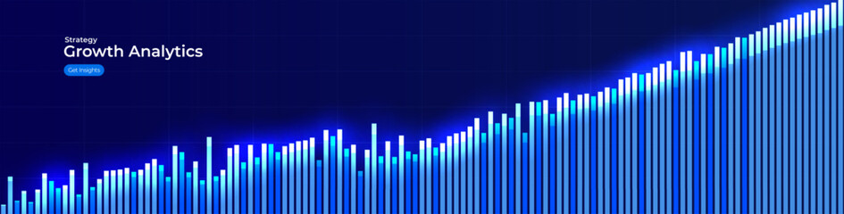 Fototapeta premium Financial analytics business growth chart digital background, blue rising bars, increase arrow and candlesticks concept for fintech, market trends, predictive investment insights. Vector illustration.
