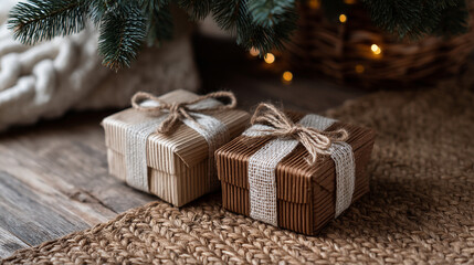 Rustic Christmas Presents Wrapped in Brown Paper and Twine under a Decorated Pine Branch