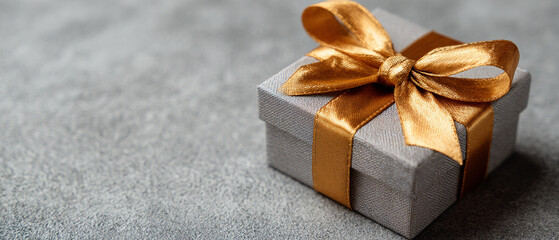 Silver Textured Present Box with a Shining Gold Ribbon on Light Grey Stone Surface