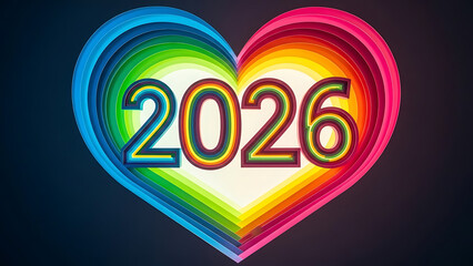 Obraz premium Rainbow heart with 2026, colorful love concept, futuristic date