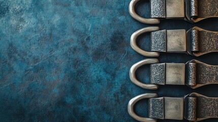 A textured blue leather surface displays a row of robust metallic belt buckles with intricate detailing