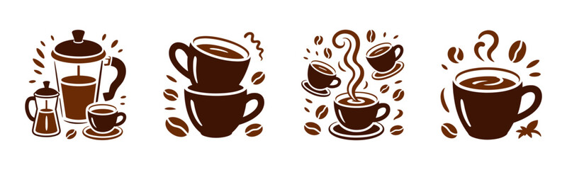 Obraz premium Coffee icon set. French press, stacked cups and steaming mugs with beans vector collection