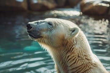 Wet polar bear rising its head out of the water