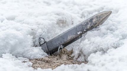 A tarnished Soviet bayonet fixed to a Mosin-Nagant rifle partially buried in snow and dirt