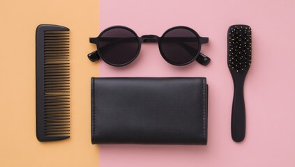 Neat flat lay of accessories comb, sunglasses, wallet, and hairbrush