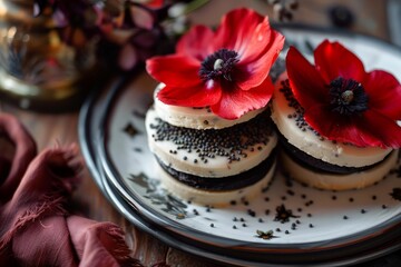 Poppy flowers decorating three homemade cookies on a plate, ready to be eaten