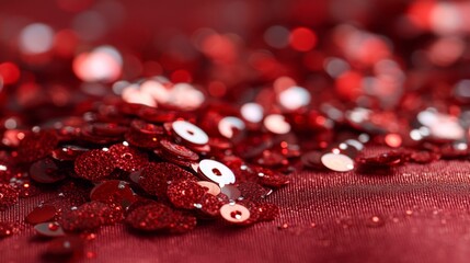 A vibrant array of red sequins glistens against a silky backdrop, reflecting sparkling lights that evoke a sense of celebration and joy. Perfect for festive occasions