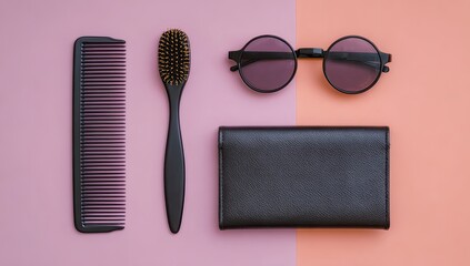 Styled flat-lay of comb, brush, round glasses, and wallet on two-tone background