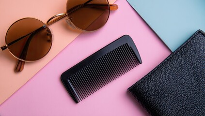 Flat lay of shades, comb, and wallet on pastel colored geometric papers