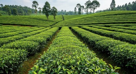 Lush tea plantation terraces. Rolling hills of vibrant green tea bushes in neat rows. Sunlight filters through the clouds