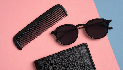 Comb, sunglasses, & wallet lay flat on a divided pink/blue background