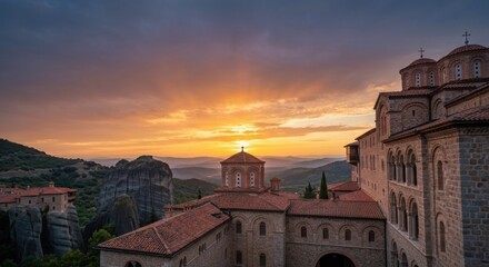 Monastic complex at sunset, dramatic sky