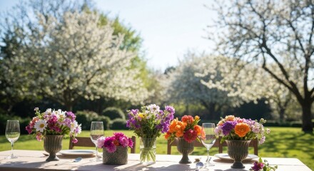 Outdoor garden table setting, vibrant floral arrangements