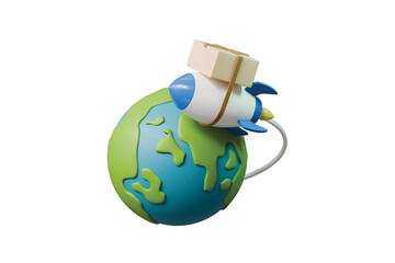 3d earth globe rocket parcel icon. global shipping concept. minimal cartoon world logistics delivery route for ecommerce delivery. isolated on white transparent background. 3d render.