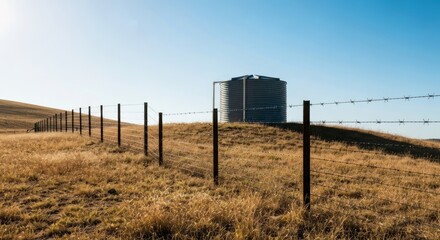 Rural water tank on a hilltop, fenced
