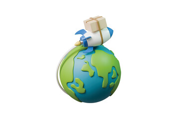 3d earth globe rocket parcel icon. global shipping concept. minimal cartoon world logistics delivery route for ecommerce delivery. isolated on white transparent background. 3d render.