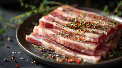 Uncooked bacon layers with herbs and spices on plate for culinary inspiration