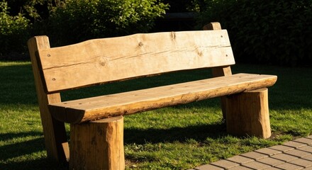 Rustic wooden park bench bathed in sunlight