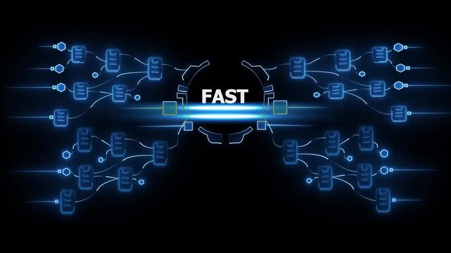 Fast Data Transfer Network System with Glowing Blue Connections and Documents on Black Background document data exchange