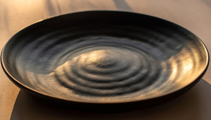 Close-up of a modern dark gray or black ceramic dish with concentric circular patterns, illuminated by warm sunlight creating striking highlights and shadows on its textured surface.