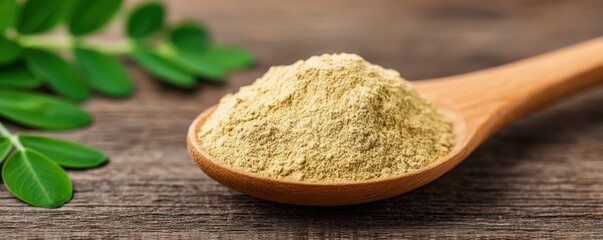 Skincare Exfoliation Ritual concept. Moringa powder on a wooden spoon with green leaves in the background.