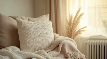 Cozy interior scene with a plush pillow and soft blanket for home decor and relaxation themes with copy space
