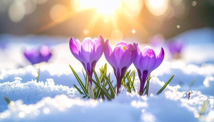 Vibrant purple crocus flowers bloom in snow, bathed in golden sunlight