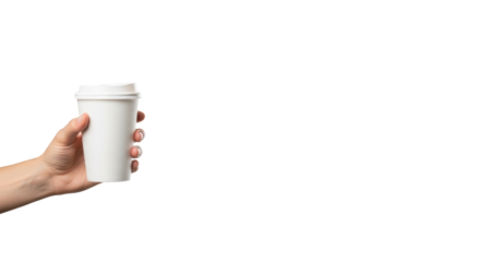A well-groomed light-beige hand gently holds a plain white paper coffee cup with a domed lid in a sterile studio against a bright white infinity curve with copy space, concept for brand messaging and