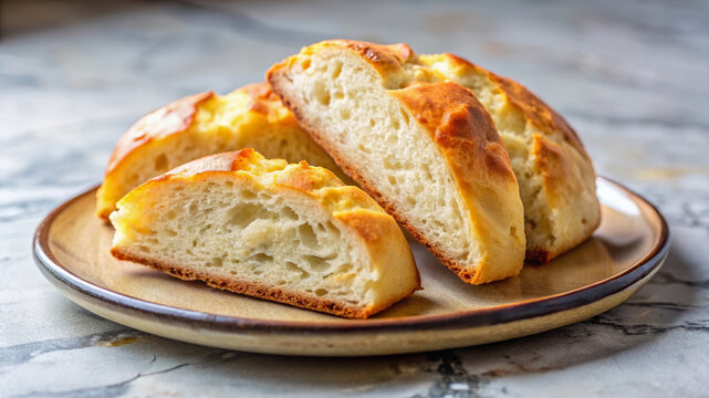 Freshly baked sliced bannock piece on ceramic plate. Golden brown sliced bannock piece, freshly baked, offers soft texture and delicious flavor. Concept sliced bannock piece for culinary blogs.