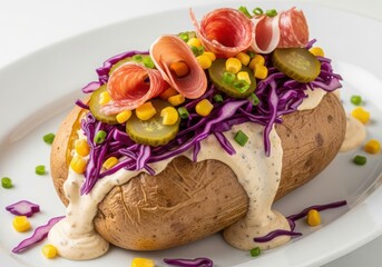 Baked potato topped with pickles, corn, red cabbage, and meat rolls with sauce